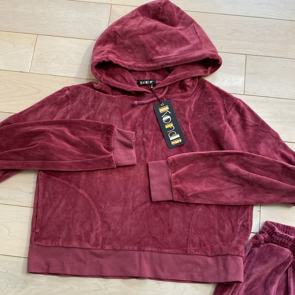 Suzie Kondi dusty rose velour hoodie sweatshirt top large